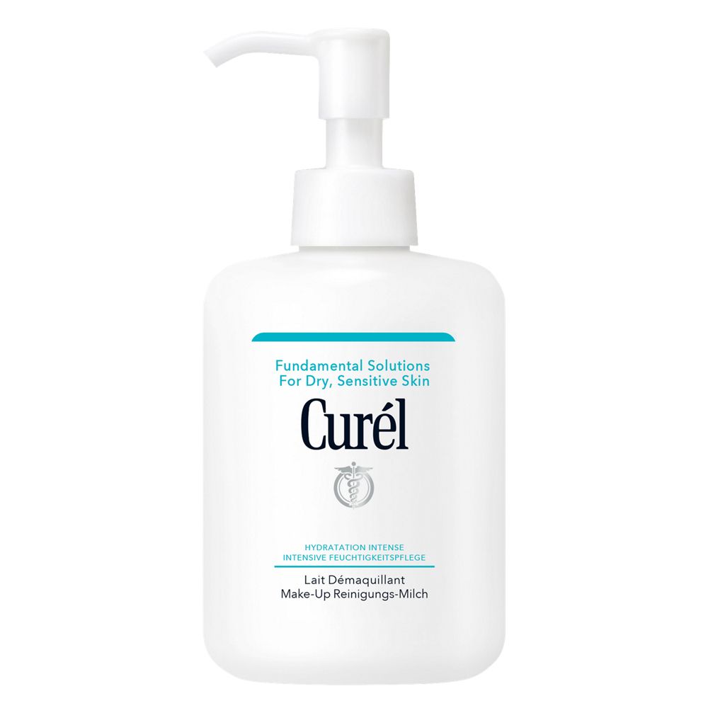 Distributeur blanc avec pompe. Inscription : Curél, Lait Démaquillant. Pour peaux sèches et sensibles.