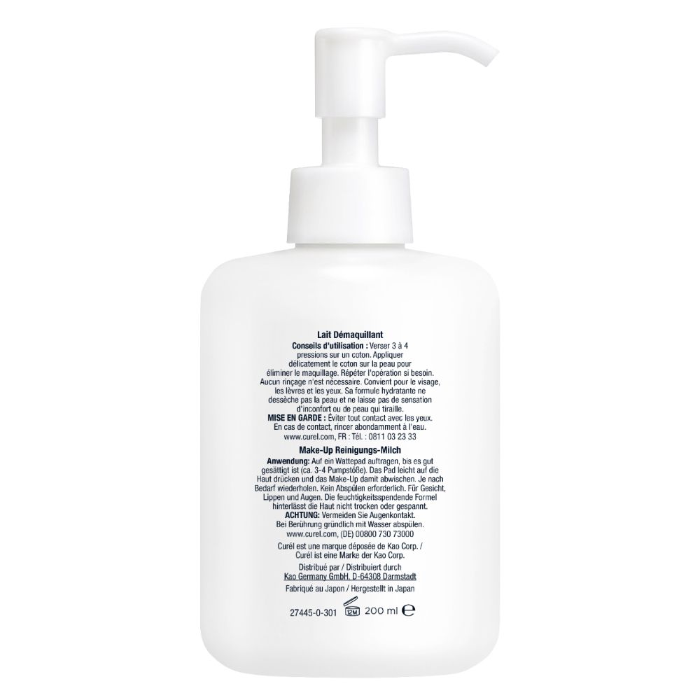 Dos du distributeur blanc avec pompe. Texte et informations sur le produit.