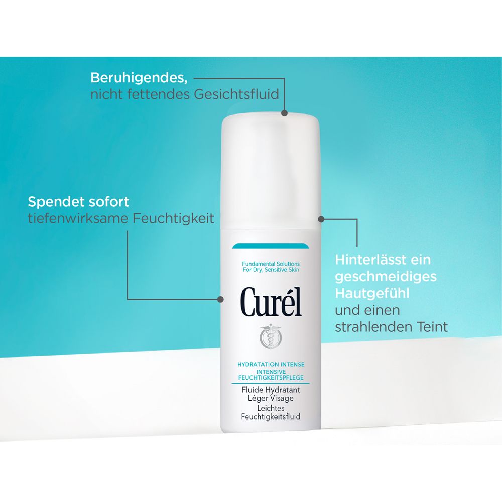 Flacon blanc avec marquages bleus. Texte: Curél, Hydratation Intense, Fluide Hydratant Léger Visage. Flèches pointant vers le texte.