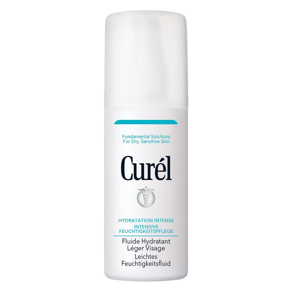 Flacon blanc avec bande bleue. Inscription: Curél, Hydratation Intense, Fluide Hydratant Léger Visage.