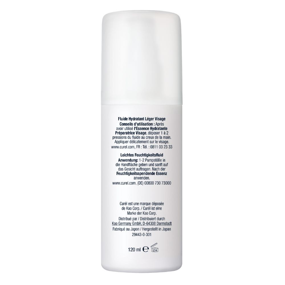 Dos du flacon de fluide hydratant blanc. Texte: Mode d'emploi, ingrédients, informations fabricant. Volume: 120 ml.