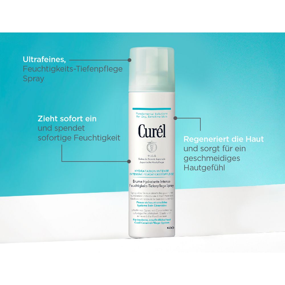 Spray blanc avec bouchon bleu clair. Texte : Spray hydratant ultra-fin. Pénètre instantanément et hydrate. Régénère la peau.