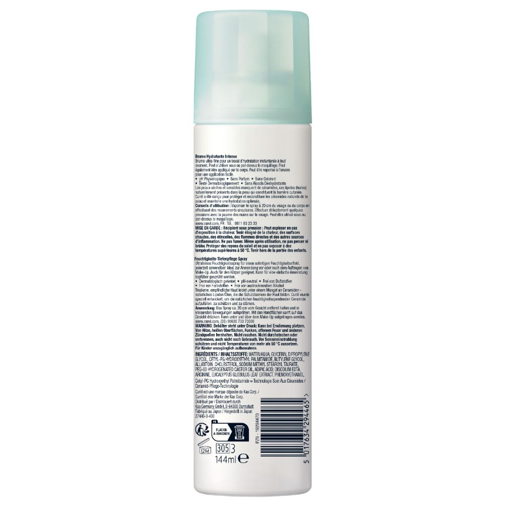 Dos du spray blanc avec bouchon bleu clair. Texte : Ingrédients, instructions d'utilisation, informations fabricant. Pour peaux sèches et sensibles.