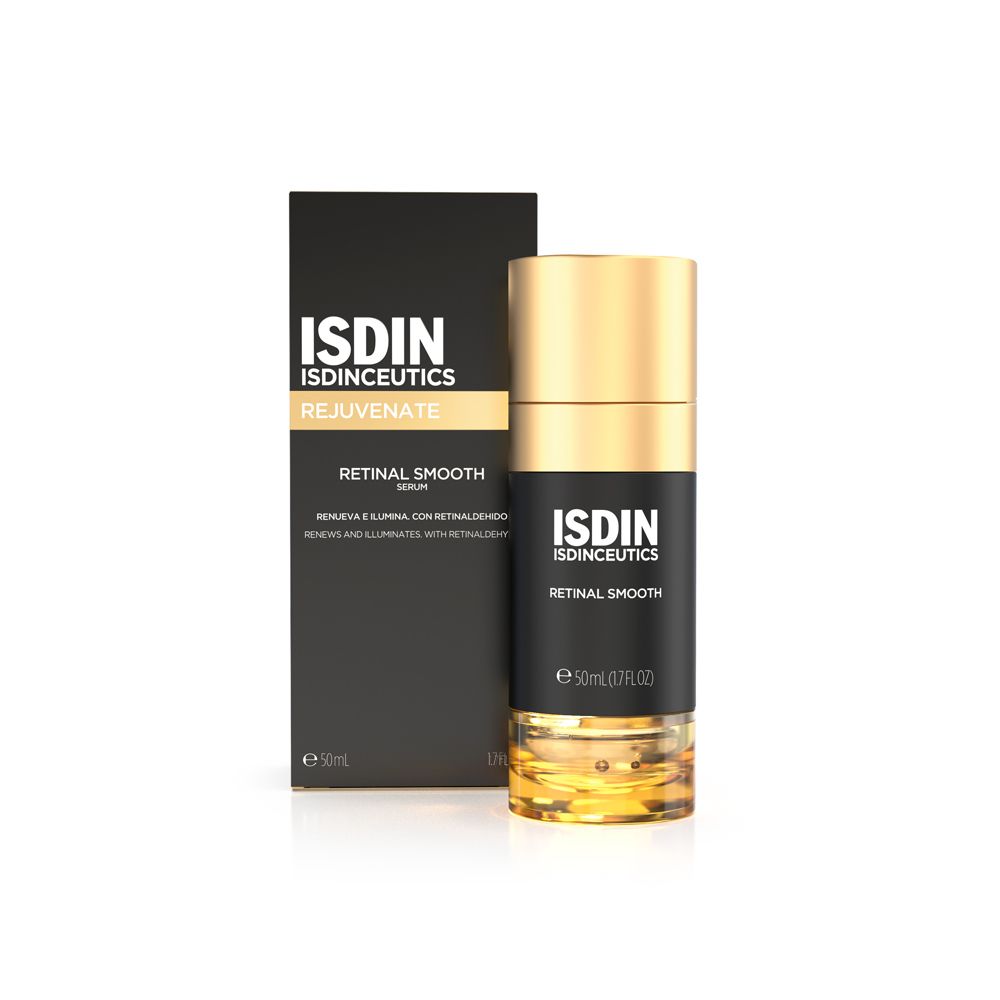 Flacon de sérum et emballage. Emballage noir avec nom et marque du produit. Bouchon doré.