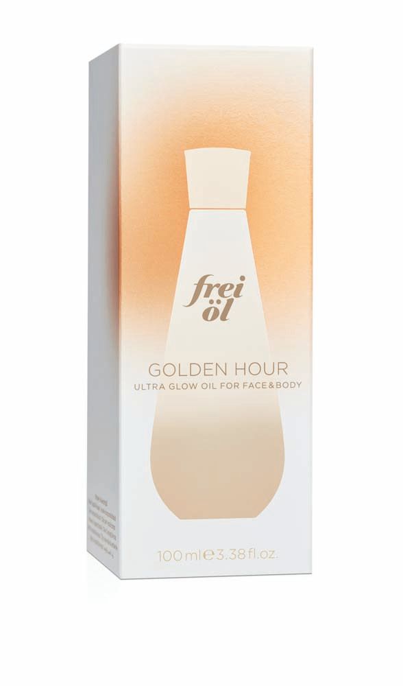 Emballage de frei öl® ULTRA GLOW. Illustration du flacon. Blanc avec dégradé.