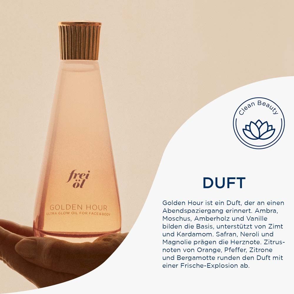 Produit frei öl® ULTRA GLOW dans la main. Texte et logo. Fond floral.