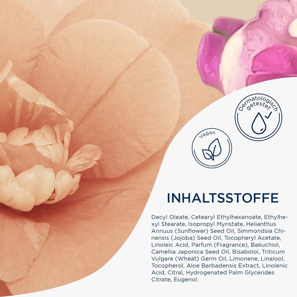 Ingrédients de frei öl® ULTRA GLOW. Texte sur fond rose. Label végan.