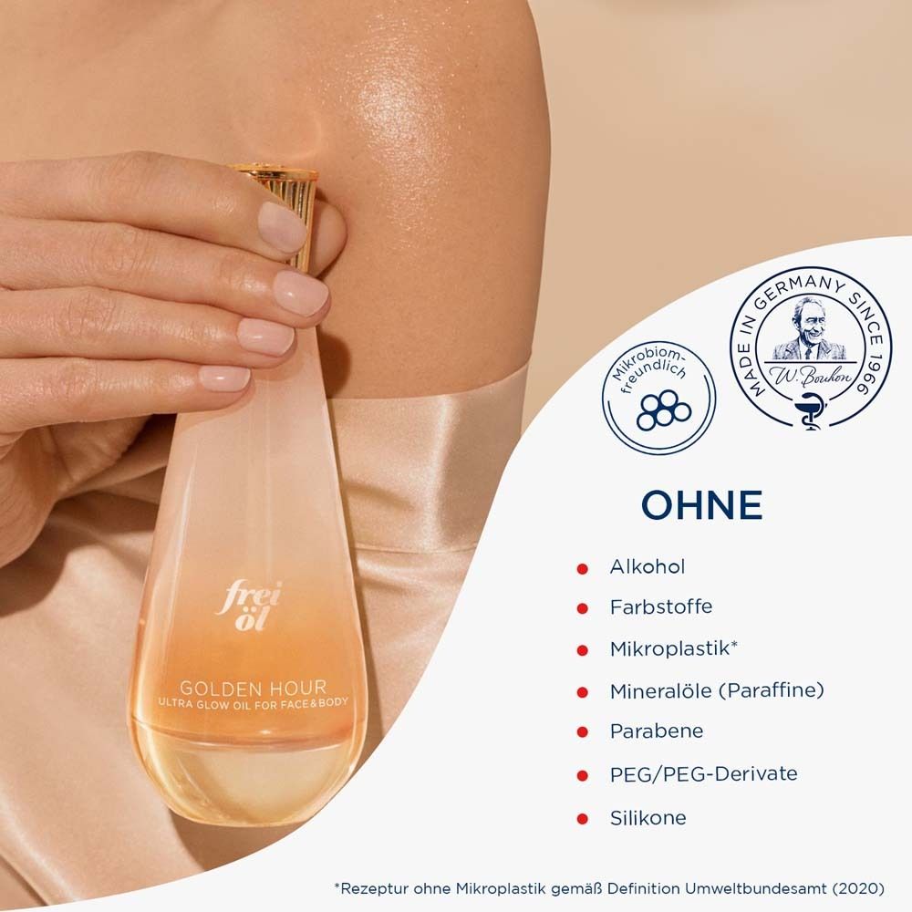 Produit frei öl® ULTRA GLOW. Liste des ingrédients. Label : Sans.