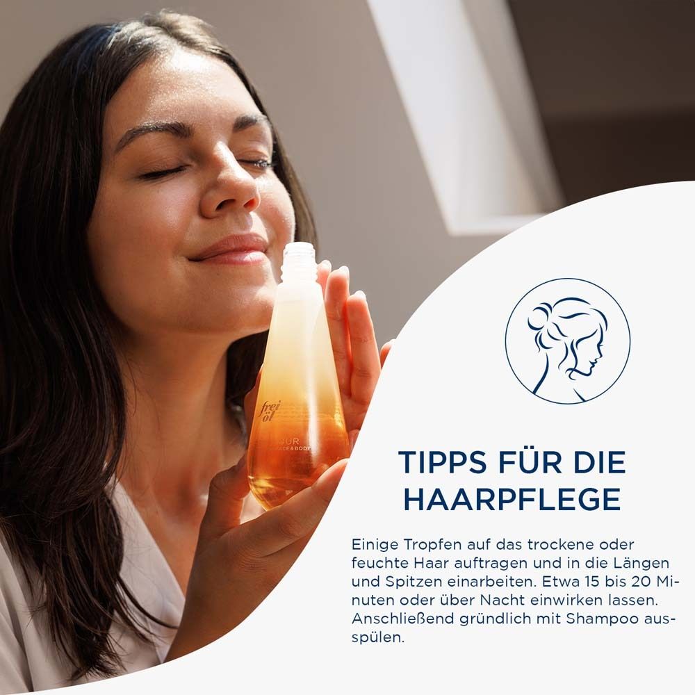 Femme avec frei öl® ULTRA GLOW. Texte : Conseils pour les cheveux. Logo.