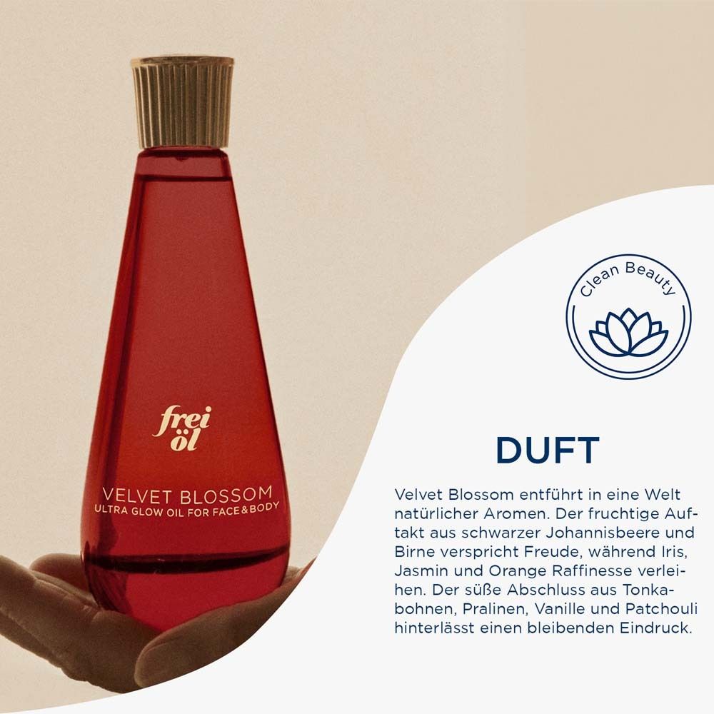 Flacon dans la main. Texte : Parfum, Clean Beauty, description des notes olfactives.