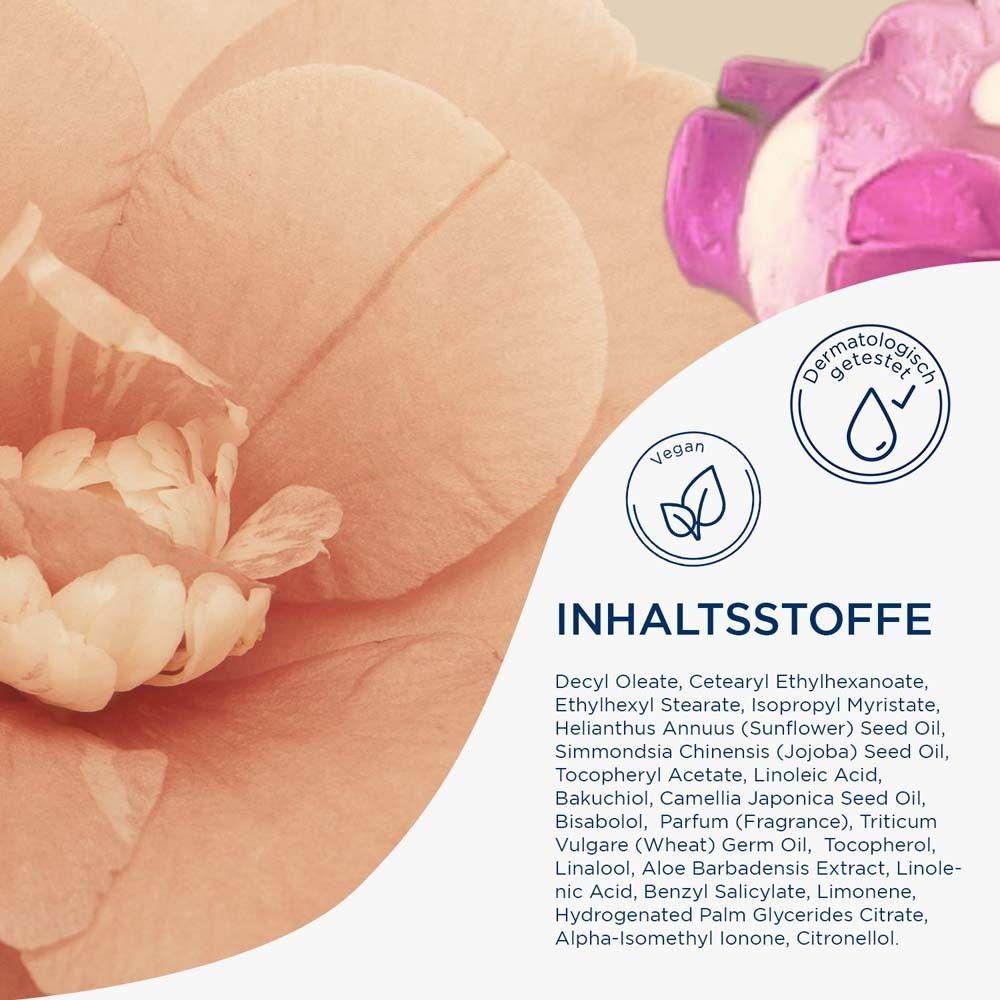 Liste des ingrédients. Label vegan, testé dermatologiquement. Fond : fleurs.