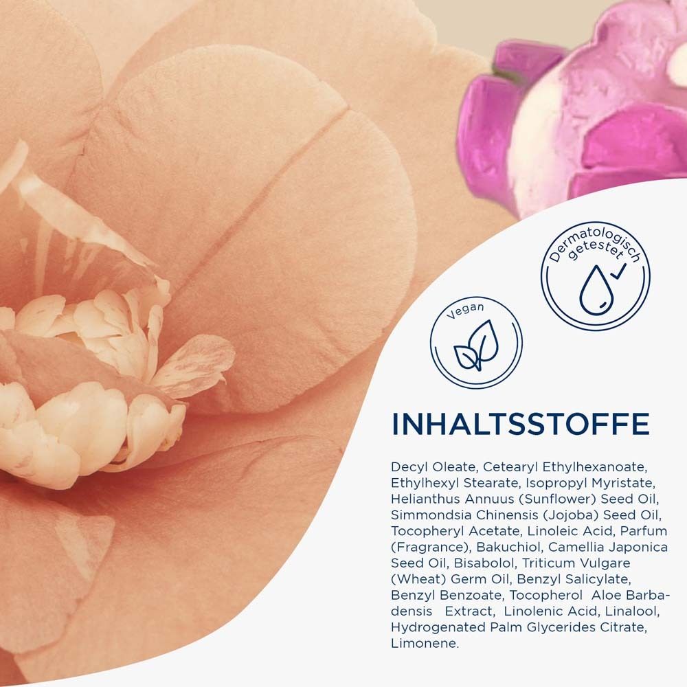 Gros plan sur les fleurs et les ingrédients. Texte : Ingrédients. Logos : Vegan, Testé dermatologiquement.