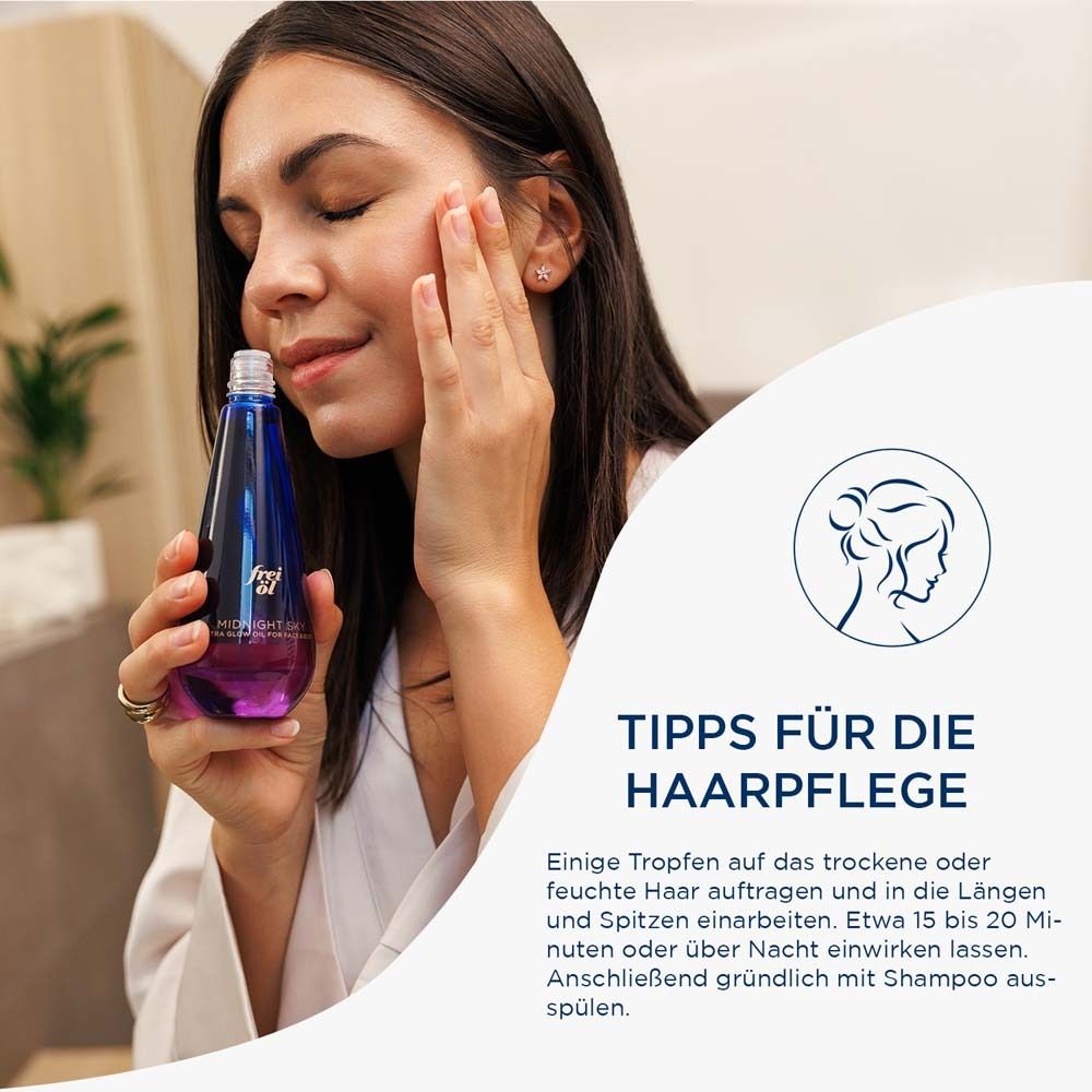 Femme appliquant de l'huile sur le visage. Texte : Conseils pour les soins capillaires. Instructions d'utilisation.
