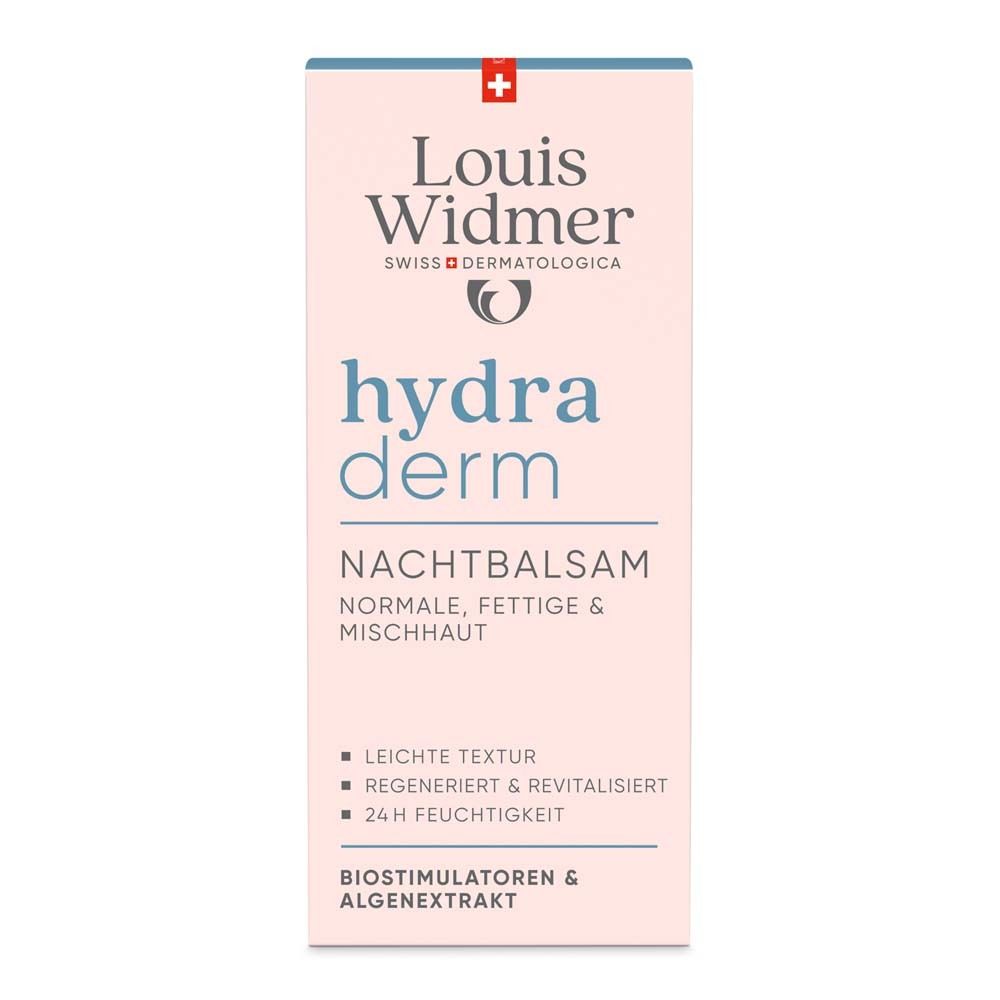 Boîte rose avec logo Louis Widmer et hydra derm Baume de nuit. Texte: Pour peaux normales, grasses & mixtes. Croix suisse.