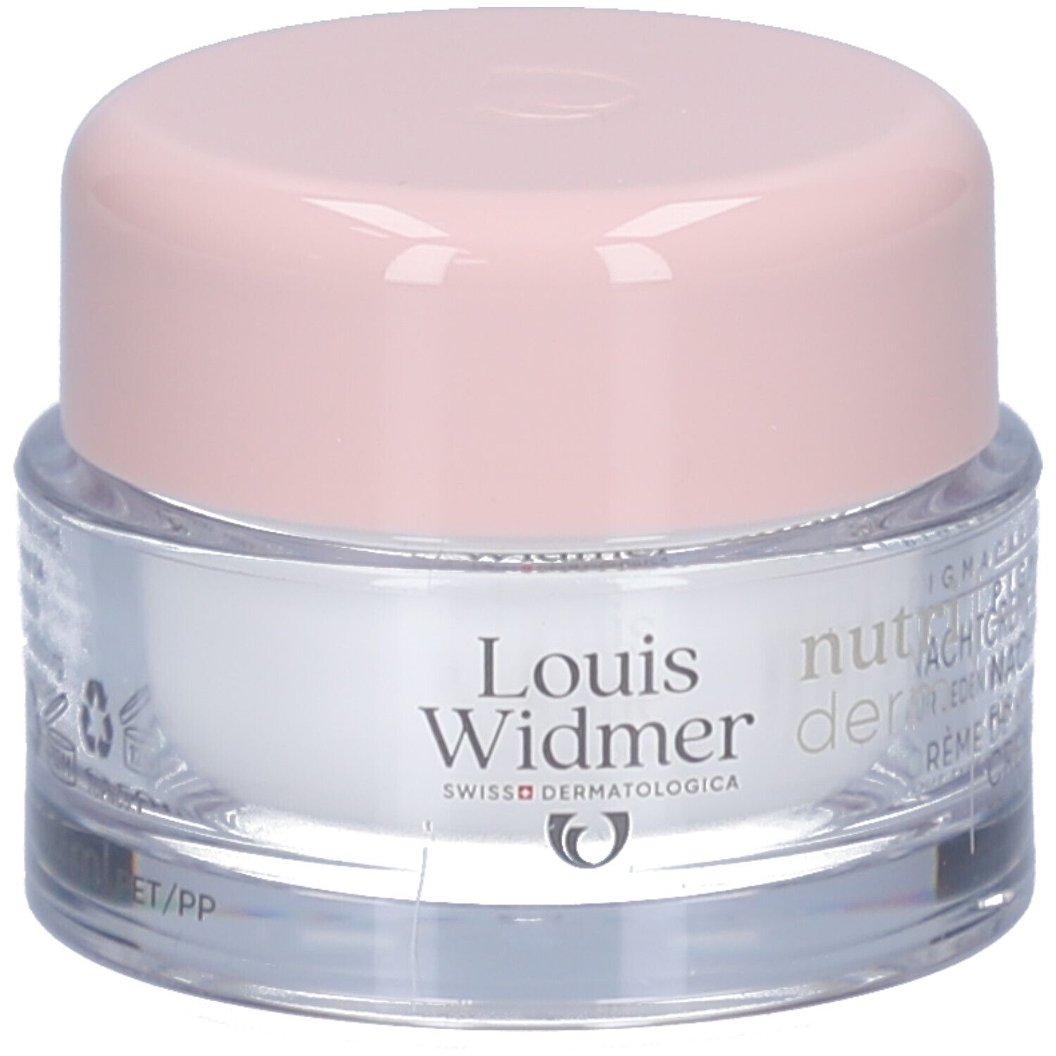 Pot de crème avec couvercle rose. Inscription : Louis Widmer, nutriderm, crème de nuit, pour tous types de peau.