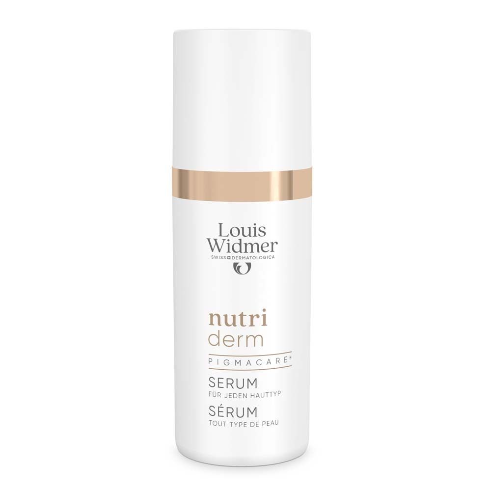 Sérum Louis Widmer nutriderm Pigmacare®. Flacon blanc avec bague dorée. Nom du produit et marque visibles.