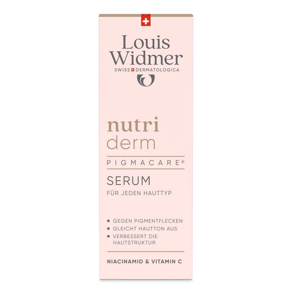 Emballage du sérum Louis Widmer nutriderm Pigmacare®. Boîte rose avec nom du produit, marque et ingrédients.