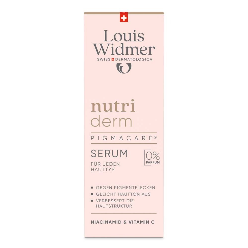 Louis Widmer nutriderm Pigmacare Sérum. Emballage rose avec informations et logo. 0% parfum.