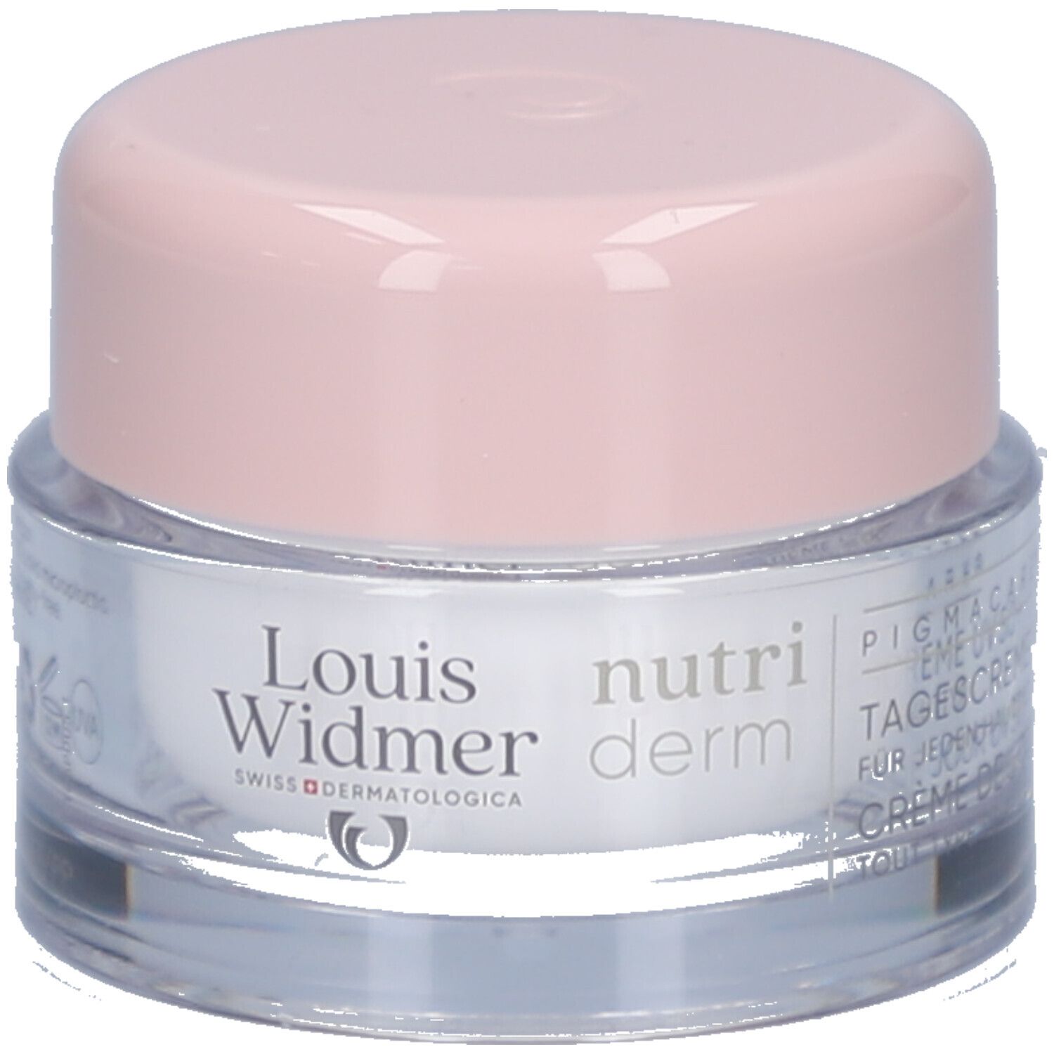 Pot de crème avec couvercle rose. Inscription: Louis Widmer, nutriderm, Pigmacare Crème de jour UV 50+. Marque dermatologique suisse.