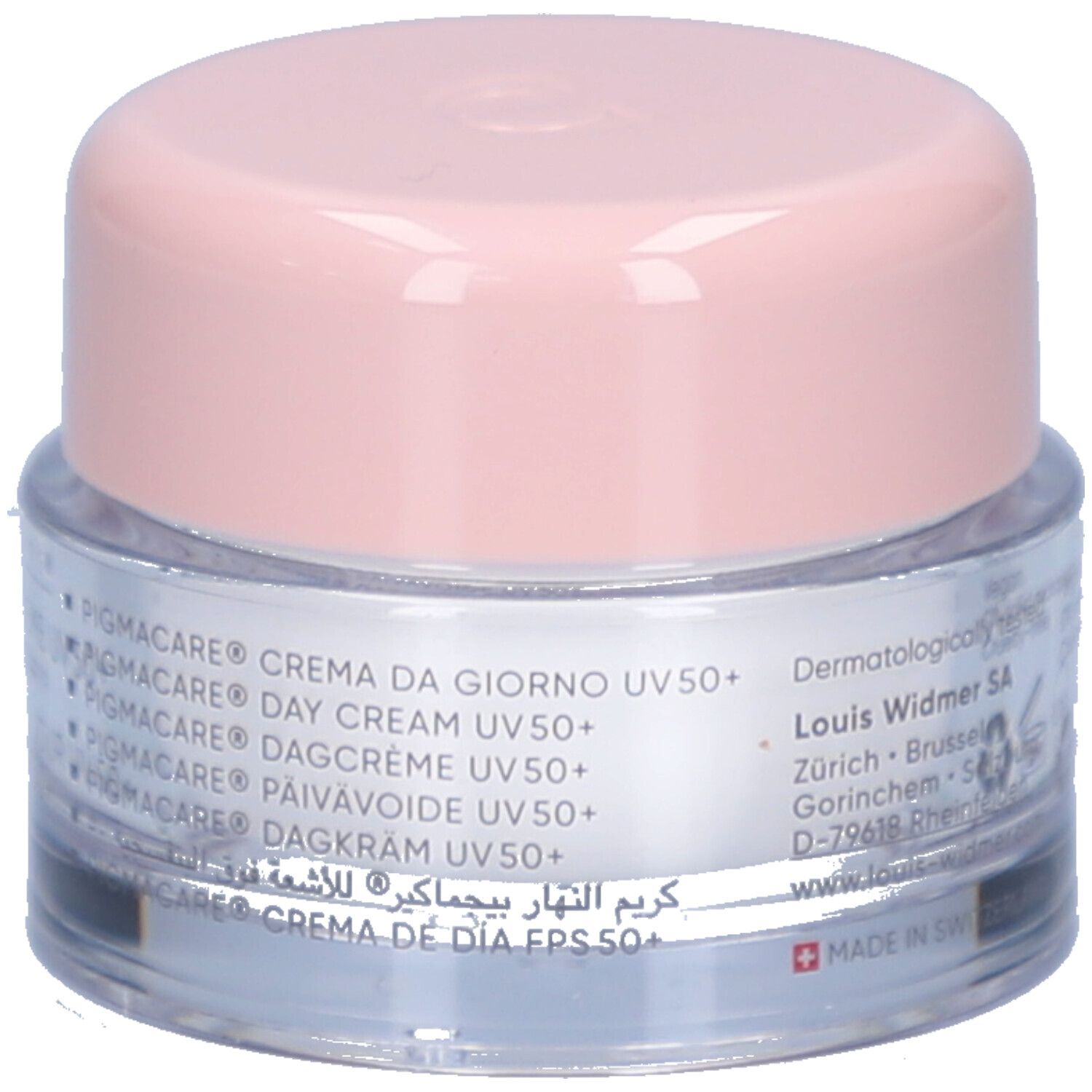 Pot de crème avec couvercle rose. Inscription: Pigmacare, Crème de jour UV 50+. Désignations multilingues. Testé dermatologiquement.