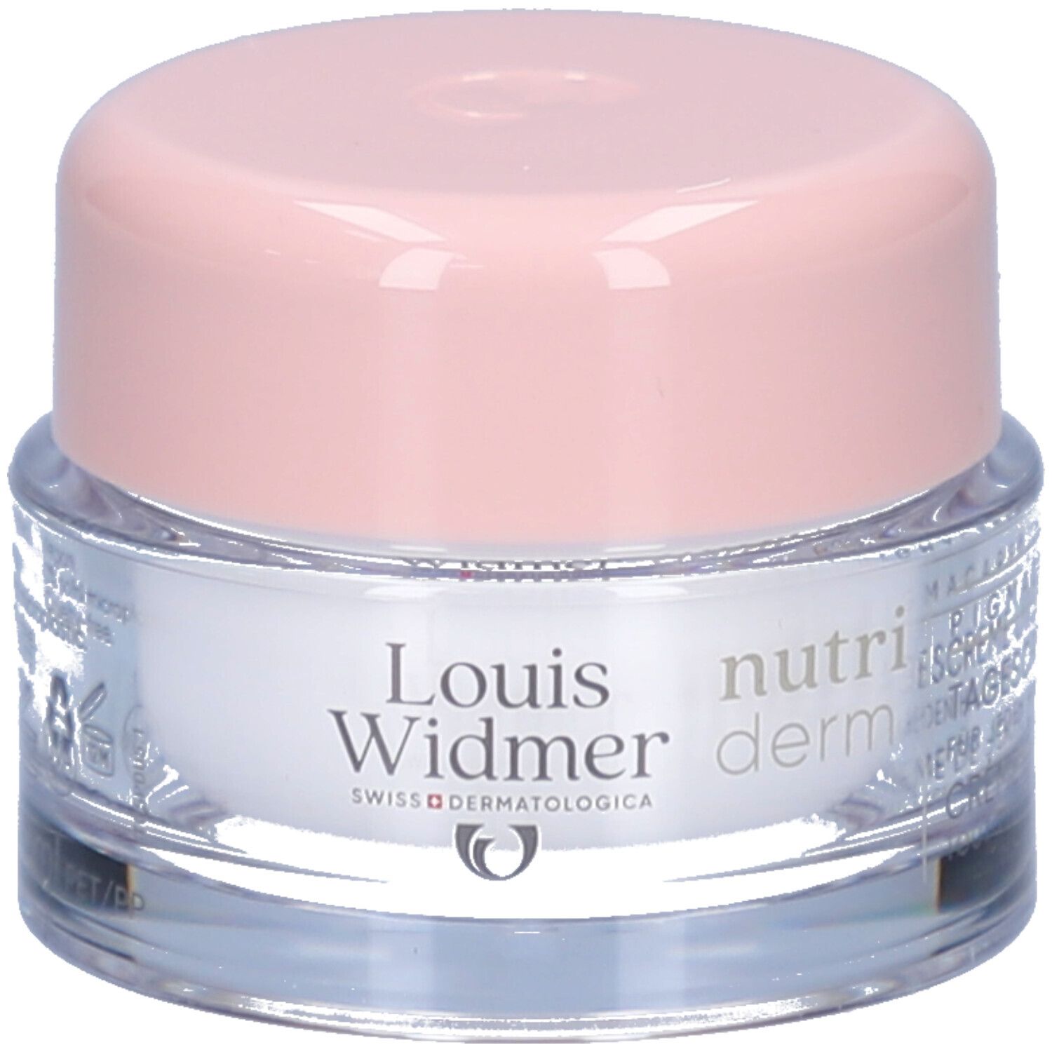 Pot de crème avec couvercle rose. Inscription: Louis Widmer, nutriderm. Swiss Dermatologica. Pot transparent.