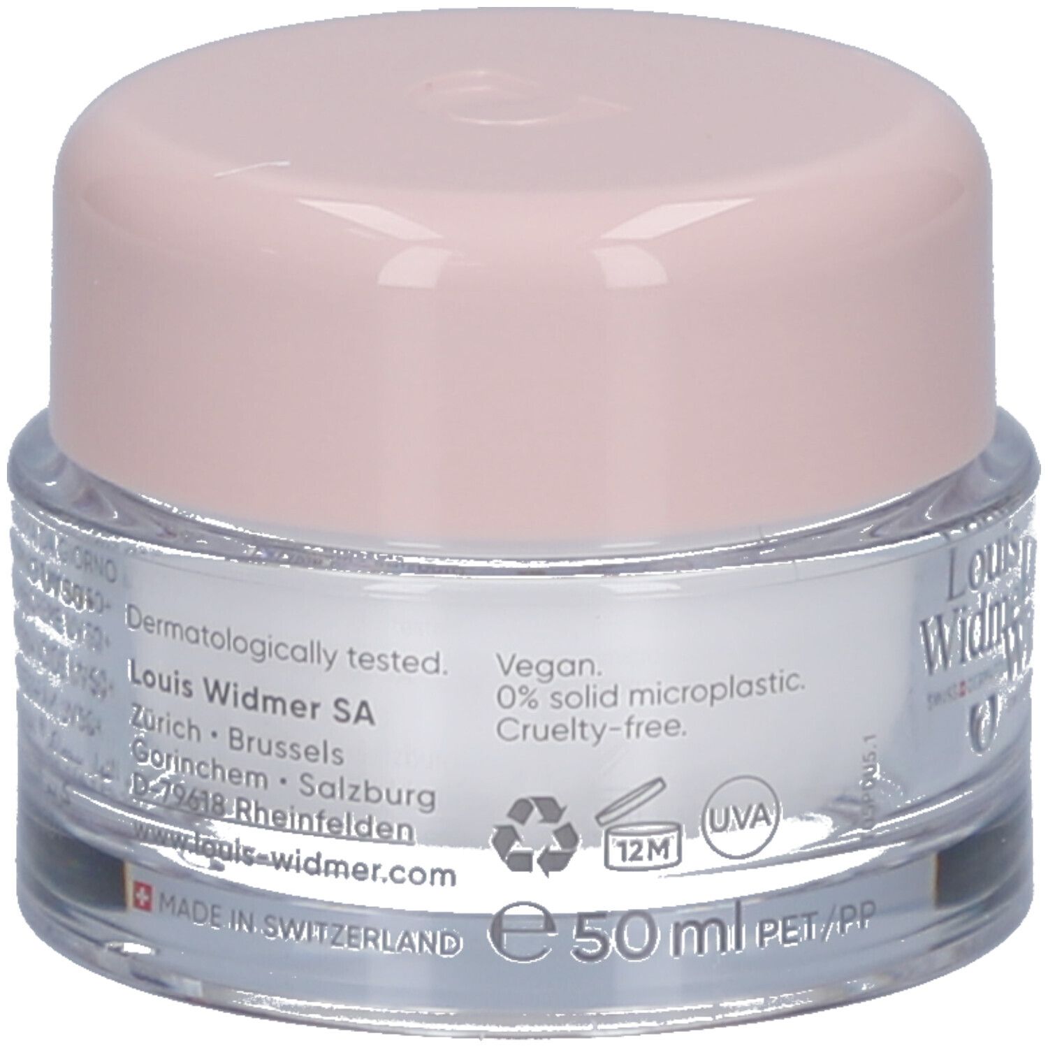 Dos du pot de crème. Inscription: Louis Widmer, Testé dermatologiquement, Vegan, 0% microplastique, Cruelty-free.