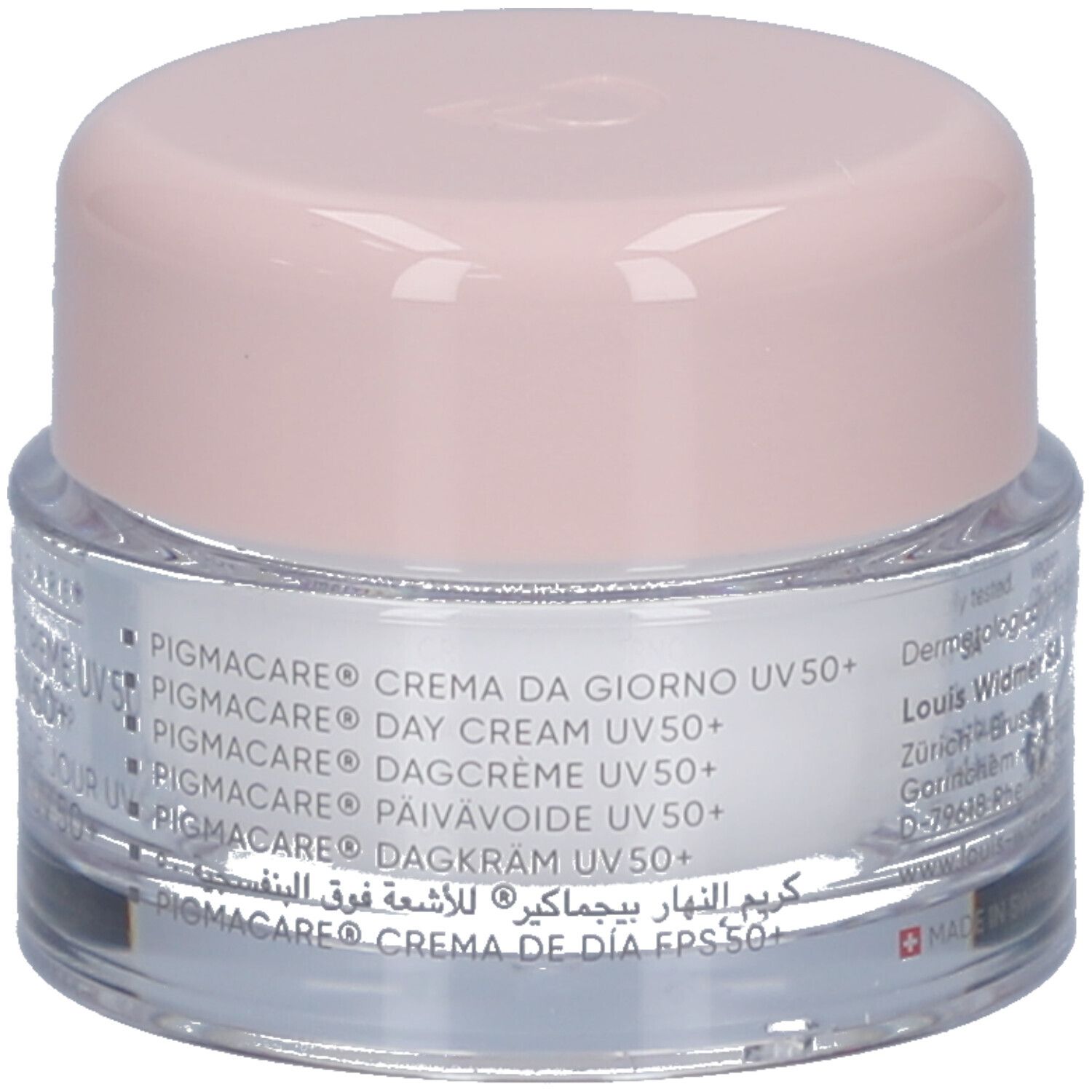 Pot de crème avec couvercle rose. Inscription: PIGMACARE, Crème de jour, Day Cream, Dagcrème, Pâivaidoide, Dagkräm.