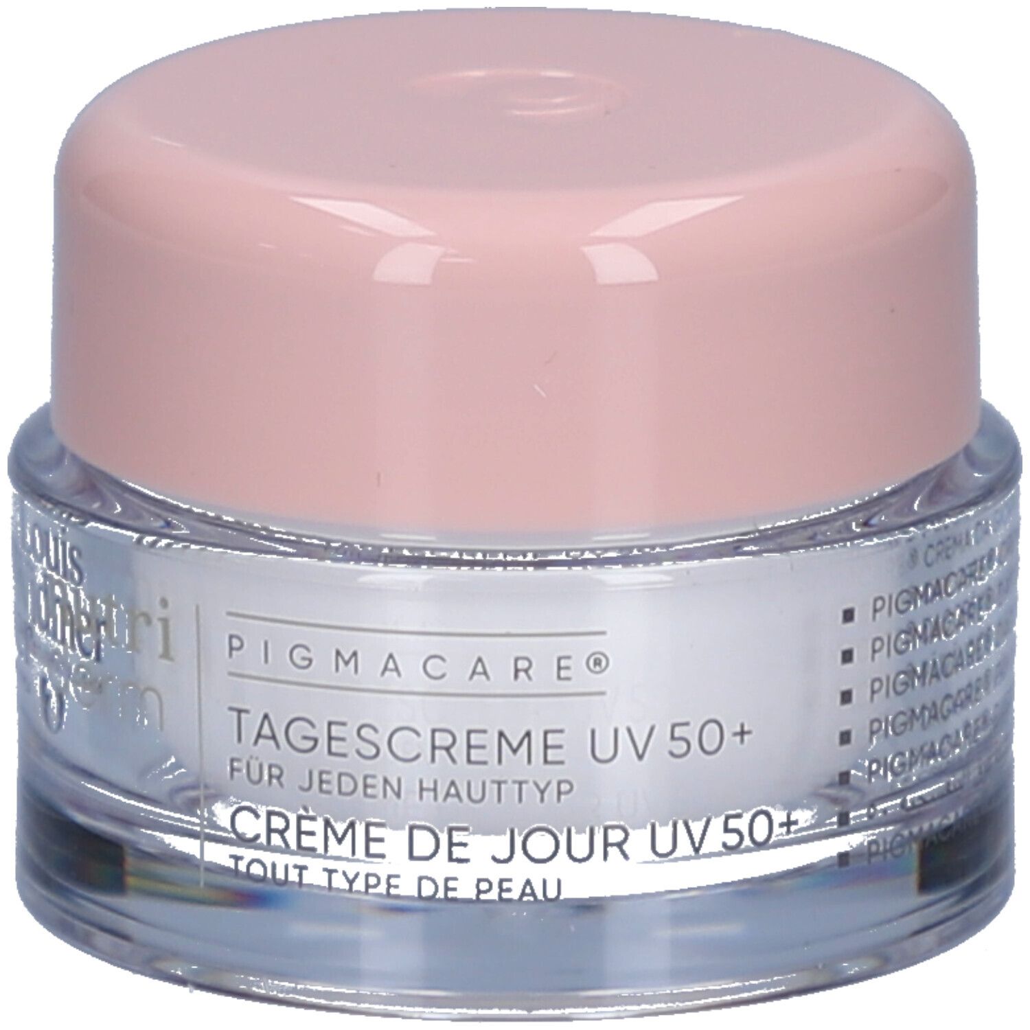 Pot de crème avec couvercle rose. Inscription: PIGMACARE, Crème de jour UV 50+ pour tout type de peau.