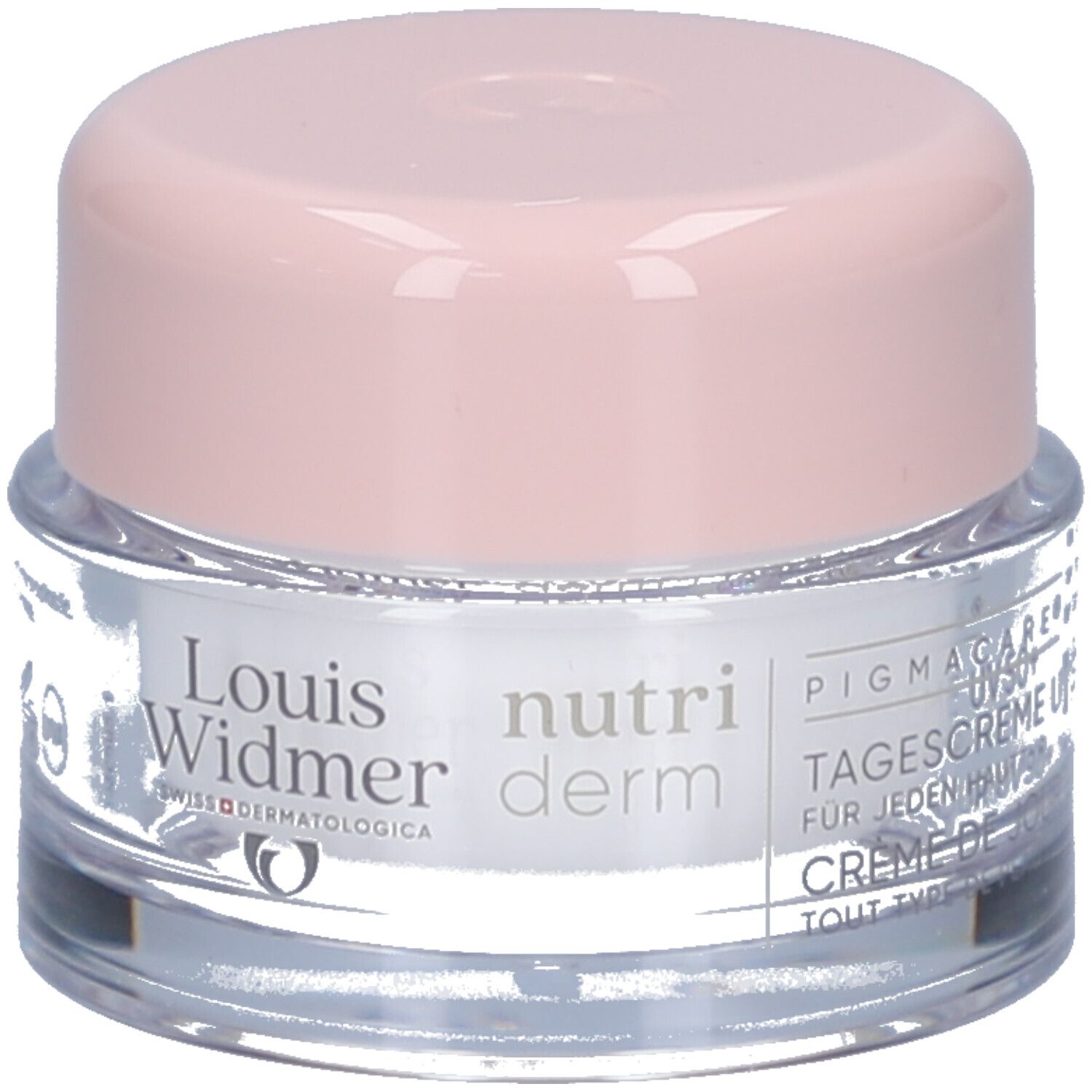 Pot de crème avec couvercle rose. Inscription: Louis Widmer, nutriderm, PIGMACARE, Crème de jour UV 50+.