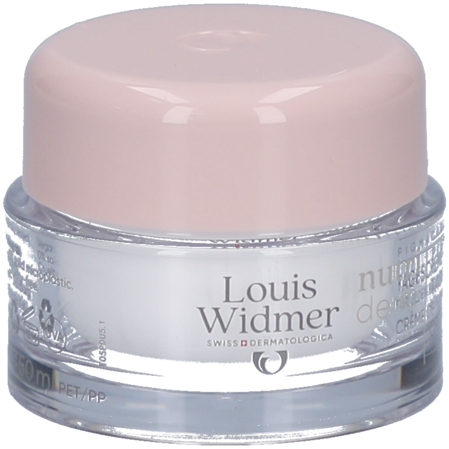 Pot de crème avec couvercle rose. Inscription: Louis Widmer, nutriderm, PIGMACARE, 50 ml, PET/PP.