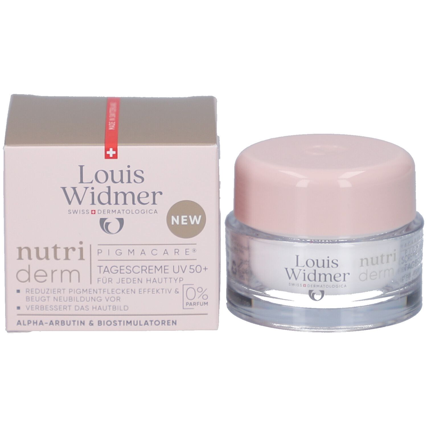 Pot de crème et emballage. Inscription: Louis Widmer, nutriderm, PIGMACARE, Crème de jour UV 50+, 0% parfum.