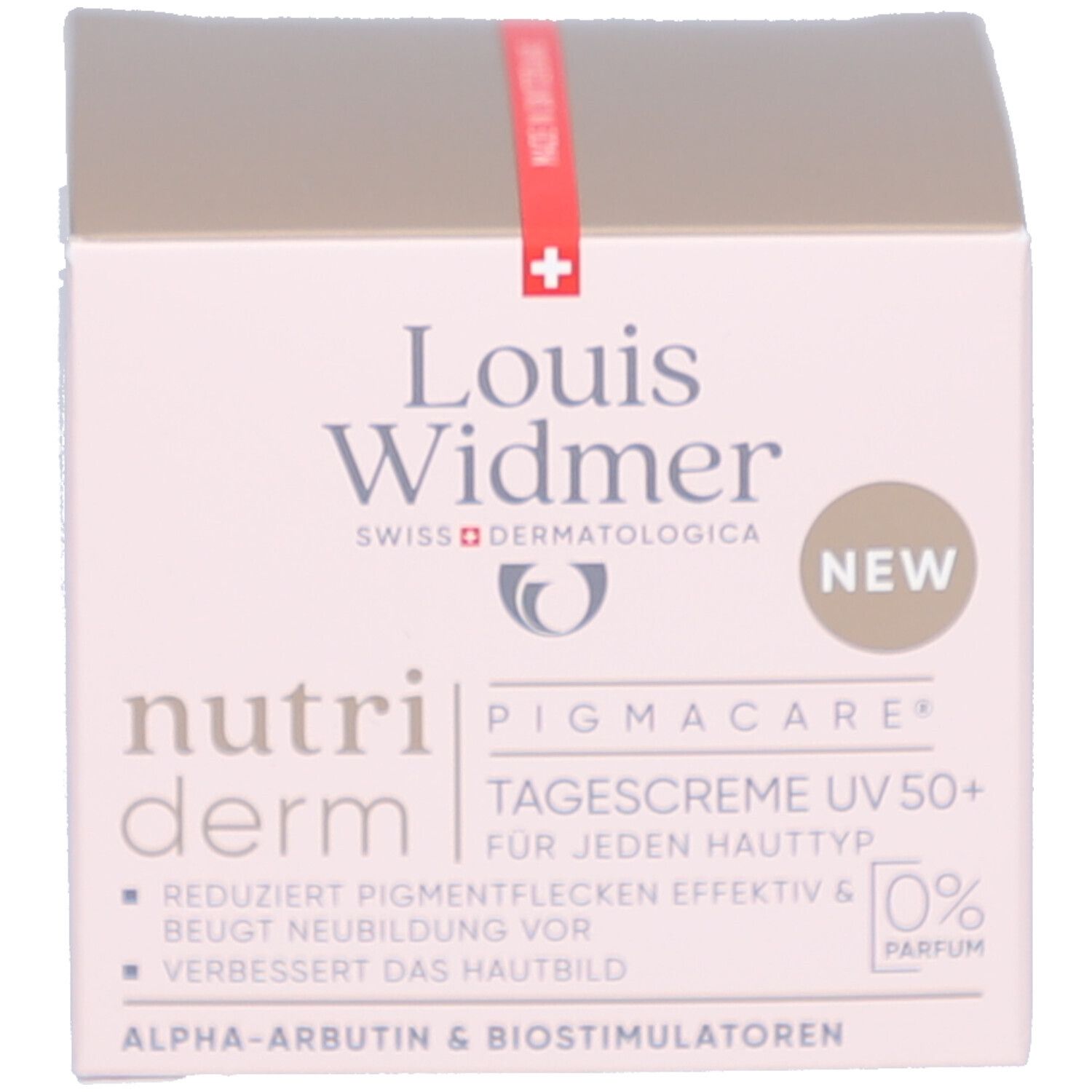 Emballage. Inscription: Louis Widmer, nutriderm, PIGMACARE, Crème de jour UV 50+, 0% parfum, NEW.