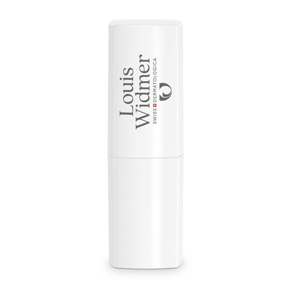 Stick à lèvres blanc avec logo Louis Widmer. Swiss Dermatologica.