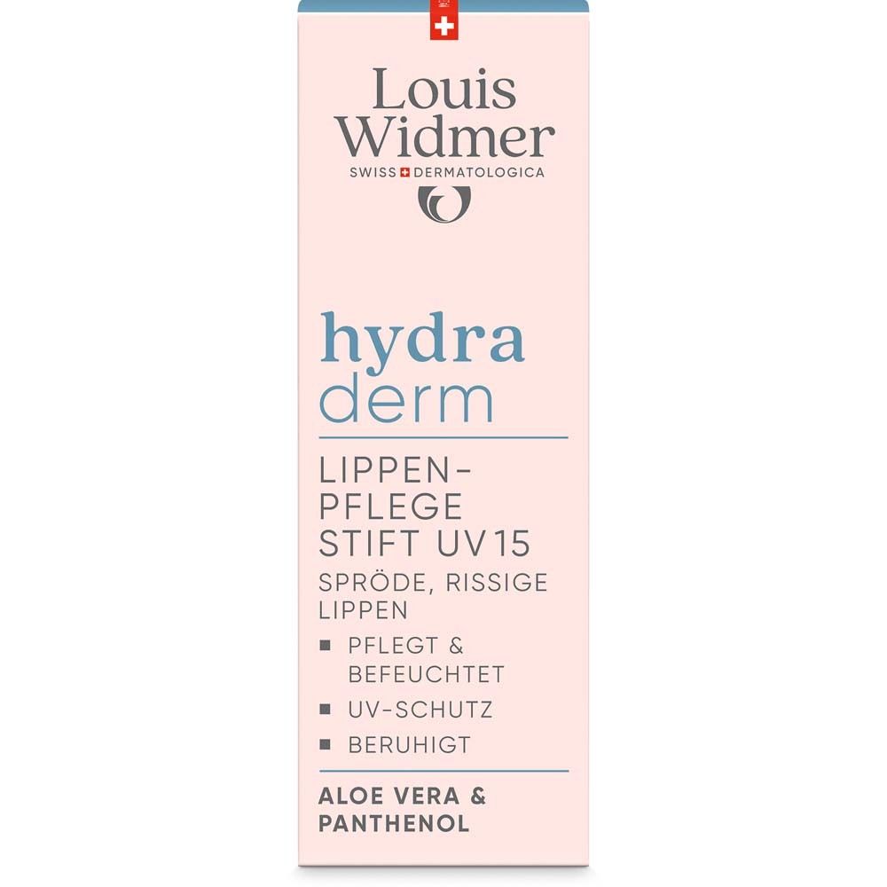 Emballage rose avec logo Louis Widmer. Texte : hydraderm Stick lèvres UV15.