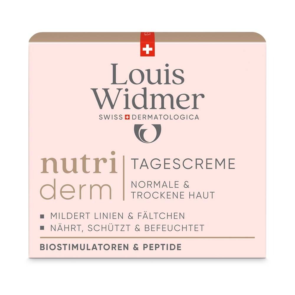 Emballage avec "Louis Widmer" et "nutri derm". Texte: Crème de jour, peau normale & sèche.  Contient: réduit les rides, nourrit, protège & hydrate.