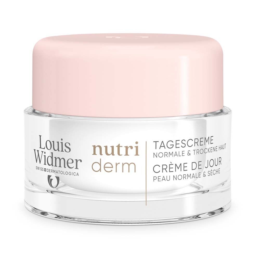 Pot de crème avec couvercle rose. Inscription : Louis Widmer, Nutriderm, Crème de jour, peau normale et sèche.