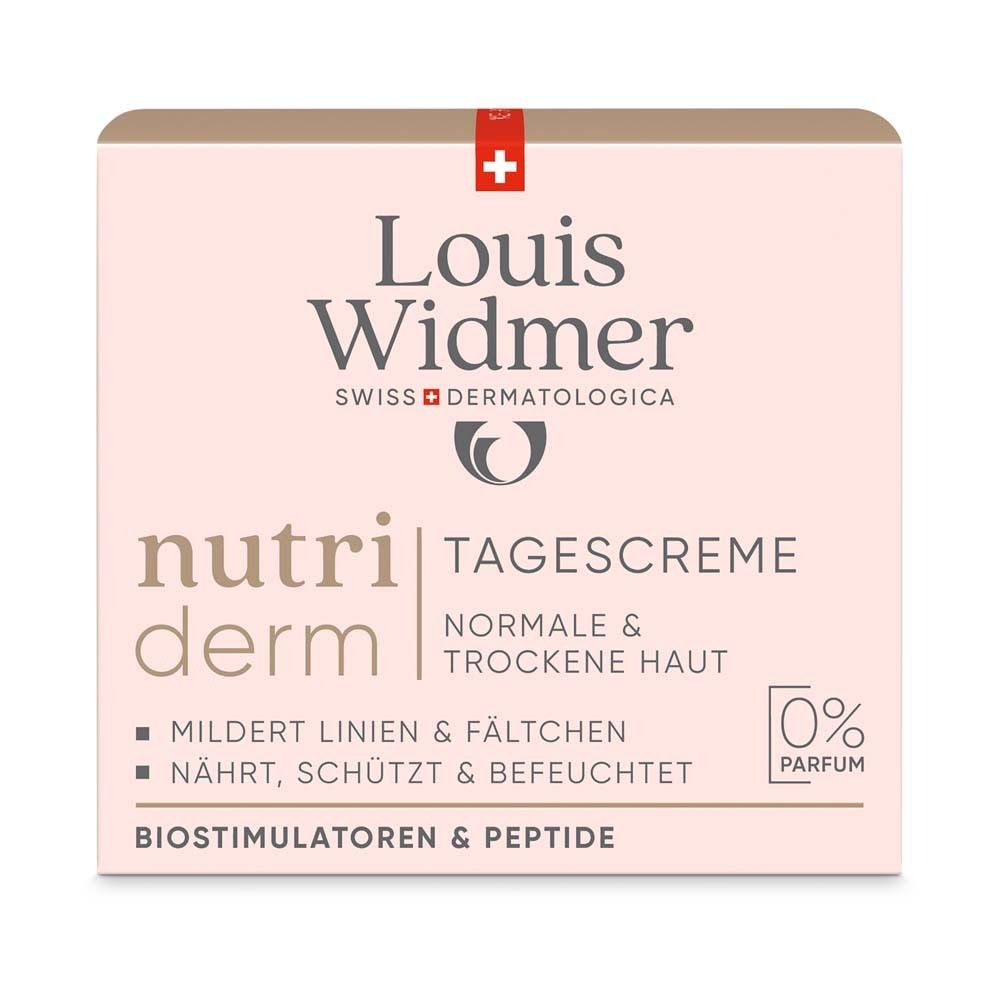 Emballage de la crème de jour Louis Widmer Nutriderm. Texte : Réduit les ridules, nourrit, protège & hydrate. 0% parfum.