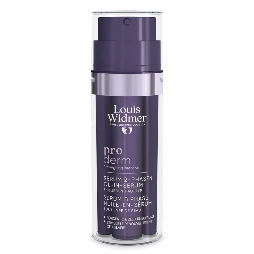 Sérum Louis Widmer proderm, huile-en-sérum 2 phases. Flacon violet avec pompe doseuse dans étui transparent. Texte.