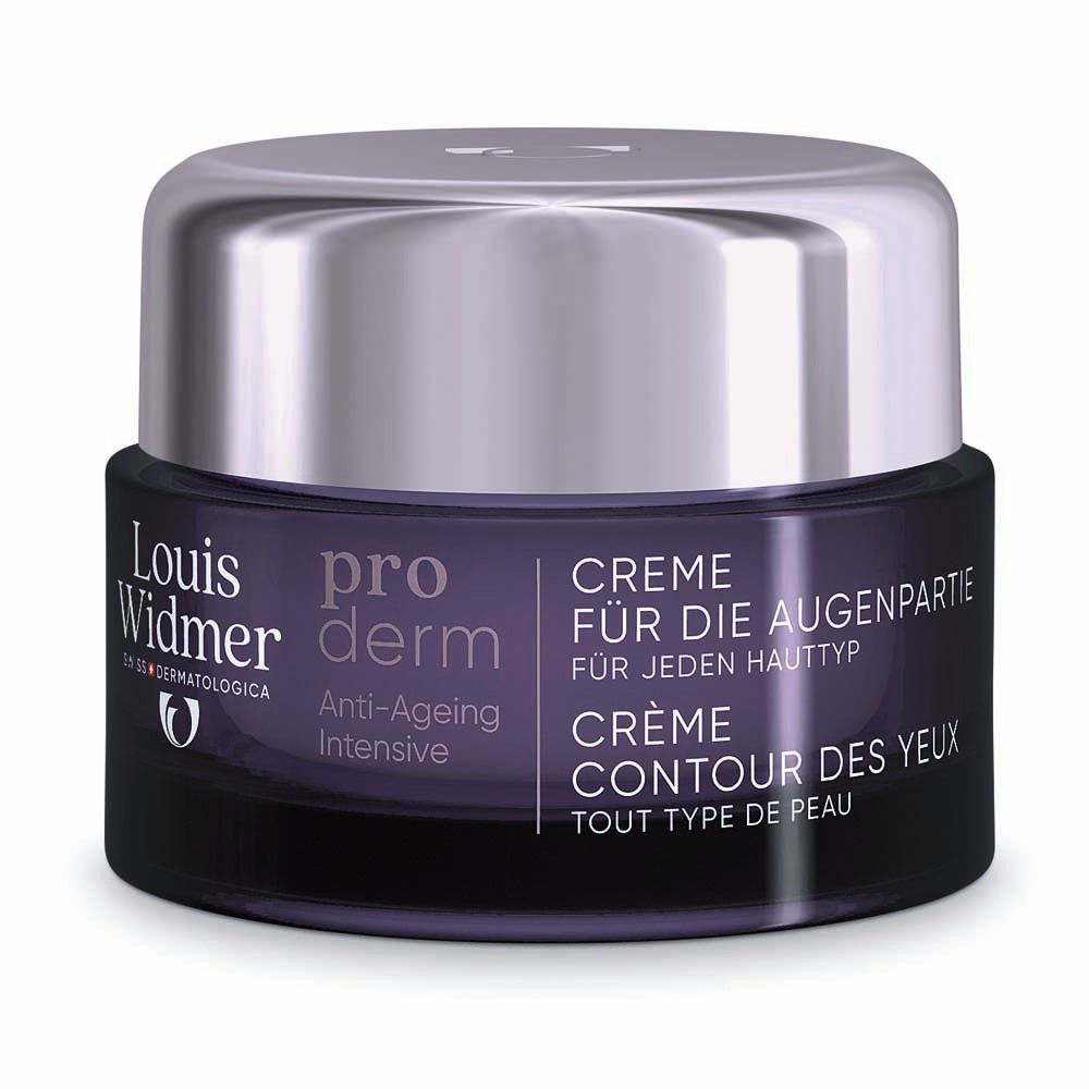 Crème contour des yeux Louis Widmer. Pot violet, couvercle argenté. Texte en allemand et français.