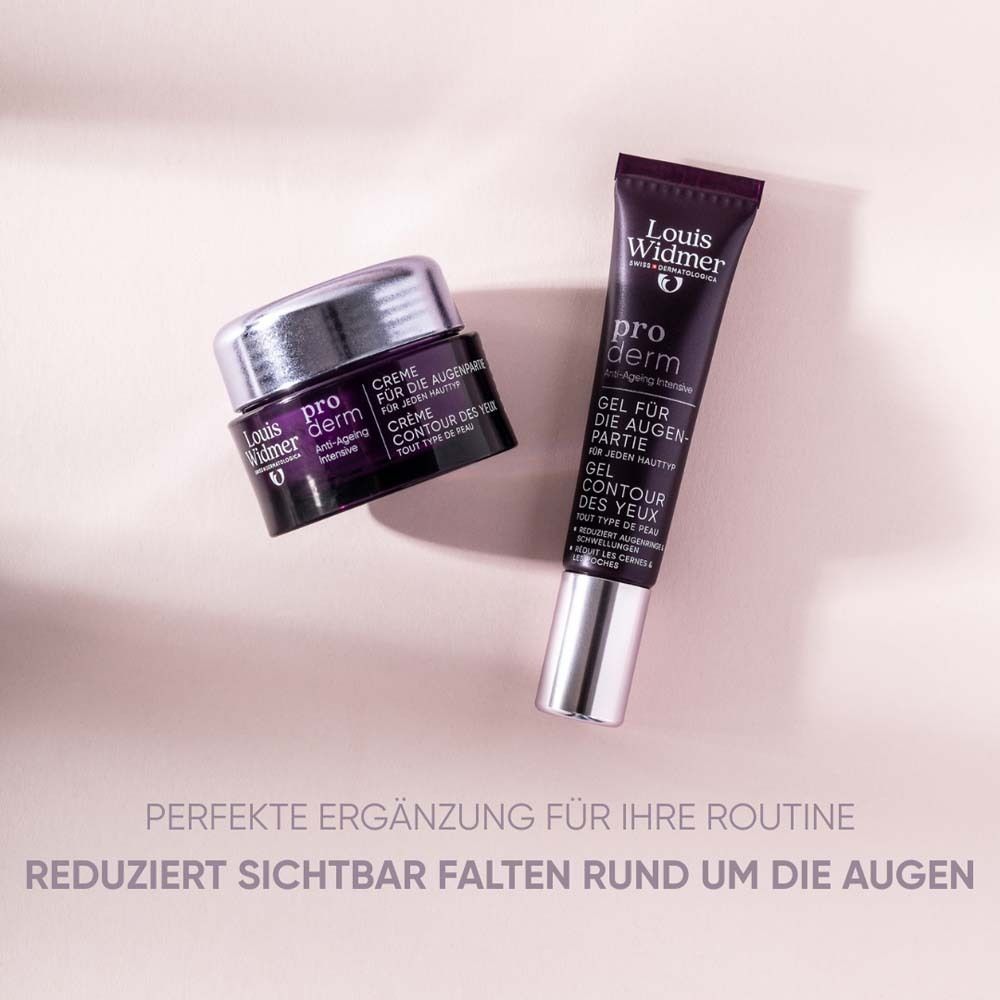 Crème et gel pour les yeux Louis Widmer. Les deux produits sur fond rose. Texte: Complément parfait.