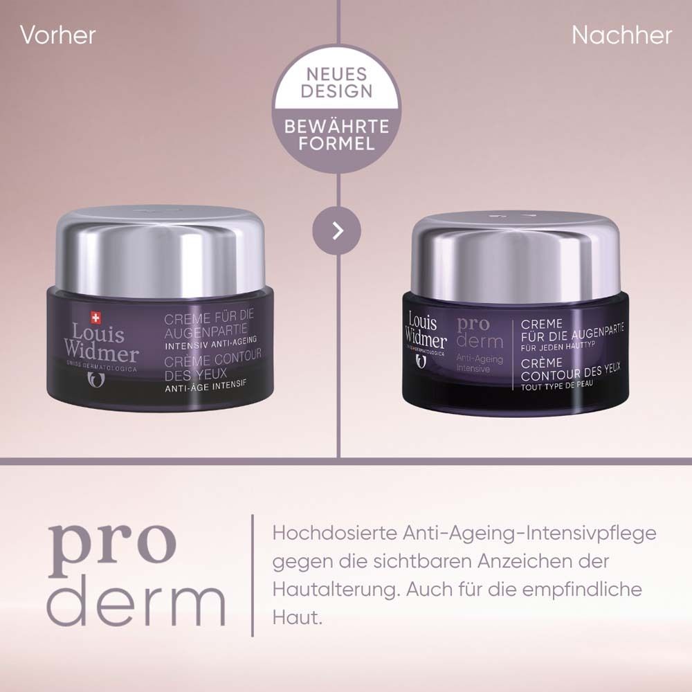 Emballage de la crème pour les yeux Louis Widmer. Boîte carrée, violet foncé. Texte: pro derm, Crème pour les yeux, 0% Parfum.