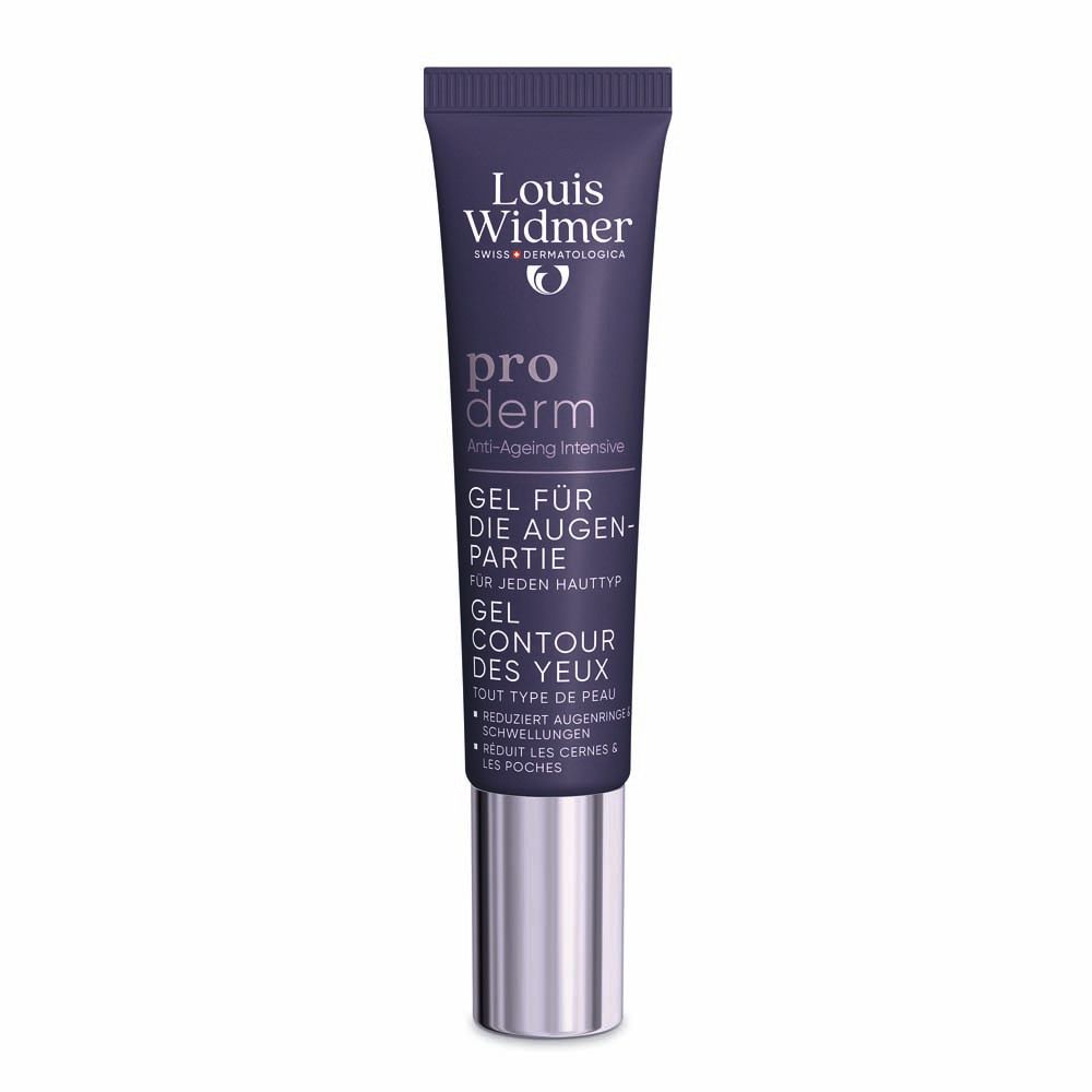 Gel contour des yeux en tube. Tube violet avec bouchon argenté. Inscription: Louis Widmer, pro derm, Gel contour des yeux.