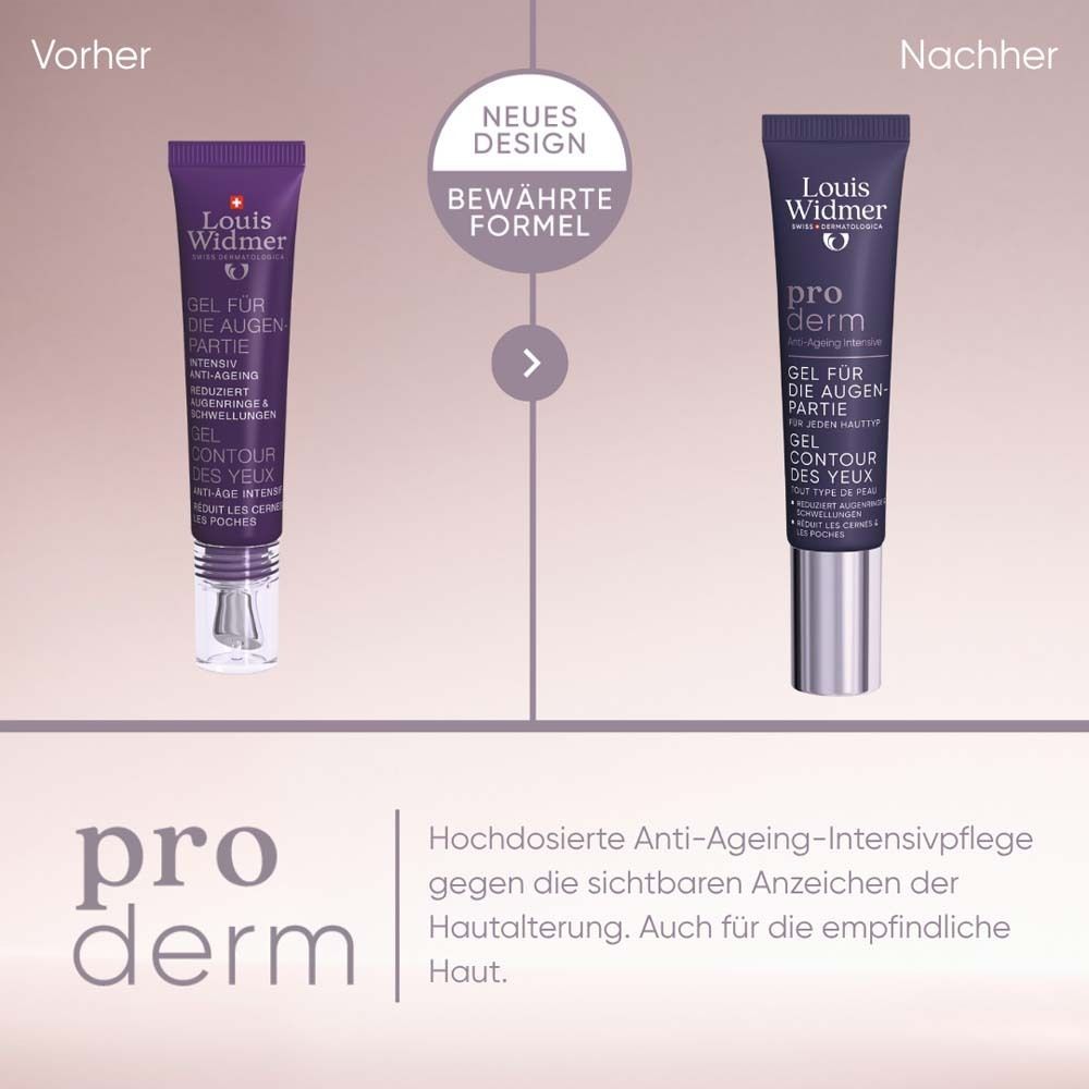 Comparaison de deux tubes de gel contour des yeux. Gauche : ancienne version. Droite : nouvelle version. Texte : Formule éprouvée, Nouveau design.