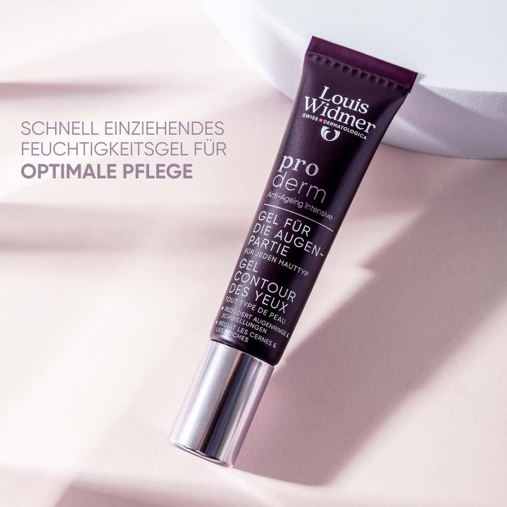 Tube de gel contour des yeux. Texte : pro derm, Gel contour des yeux. Fond : blanc et bleu clair. Texte : Gel hydratant à absorption rapide.