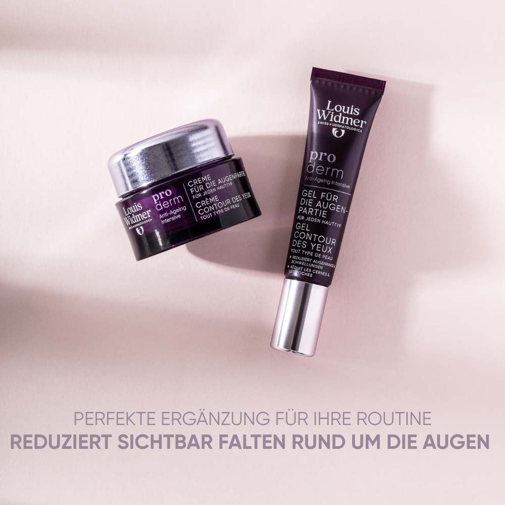 Crème pour les yeux et tube de gel contour des yeux. Texte : pro derm, Crème pour les yeux, Gel contour des yeux. Texte : Complément parfait.