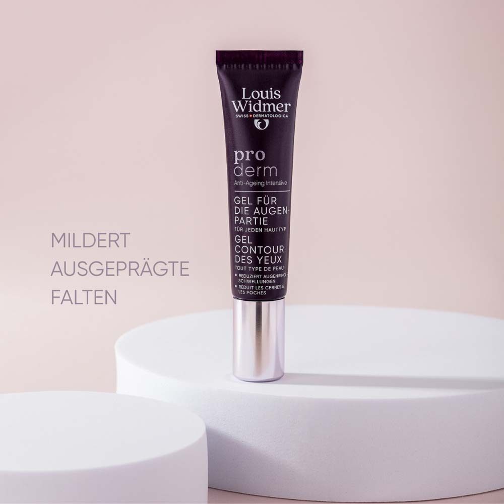 Tube de gel contour des yeux. Texte : pro derm, Gel contour des yeux. Texte : Atténue les rides prononcées. Placé sur un piédestal.