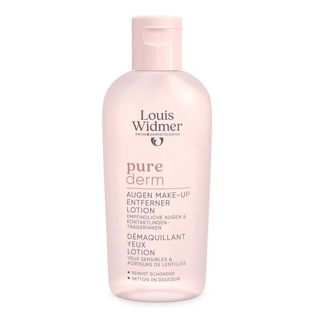 Lotion démaquillante yeux Louis Widmer purederm. Flacon rose à bouchon rabattable. Nom du produit et marque visibles.