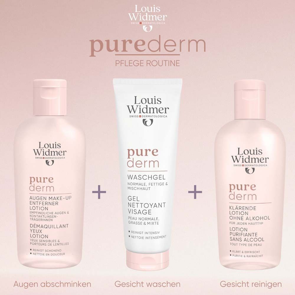 Trois produits : démaquillant yeux, gel lavant, lotion clarifiante. Texte : Démaquiller les yeux, laver le visage, nettoyer le visage.