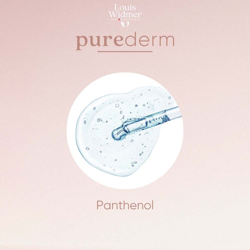 Goutte de liquide avec pipette. Texte: Panthénol. Logo: purederm.