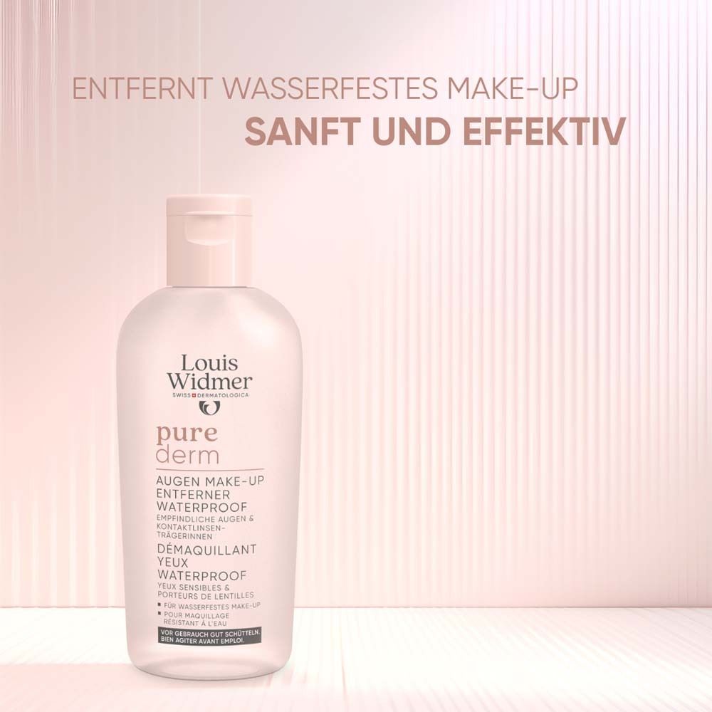 Flacon Louis Widmer purederm démaquillant yeux. Texte: Enlève le maquillage waterproof en douceur et efficacement.